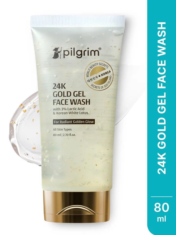 Pilgrim 24K Gold Gel Face Wash with 3% Lactic Acid & Korean White Lotus - 80ml