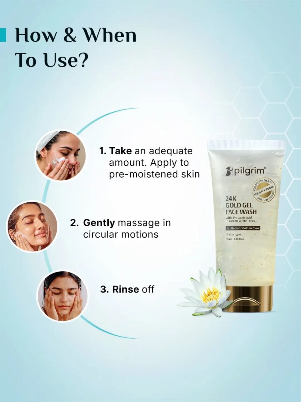 Pilgrim 24K Gold Gel Face Wash with 3% Lactic Acid & Korean White Lotus - 80ml