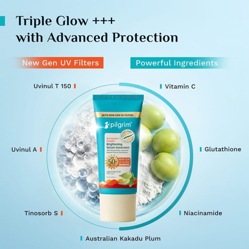 Pilgrim 5% Vitamin C Complex Brightening Serum Sunscreen SPF 50 with Niacinamide, Australian Kakadu Plum & Glutathione - 50ml