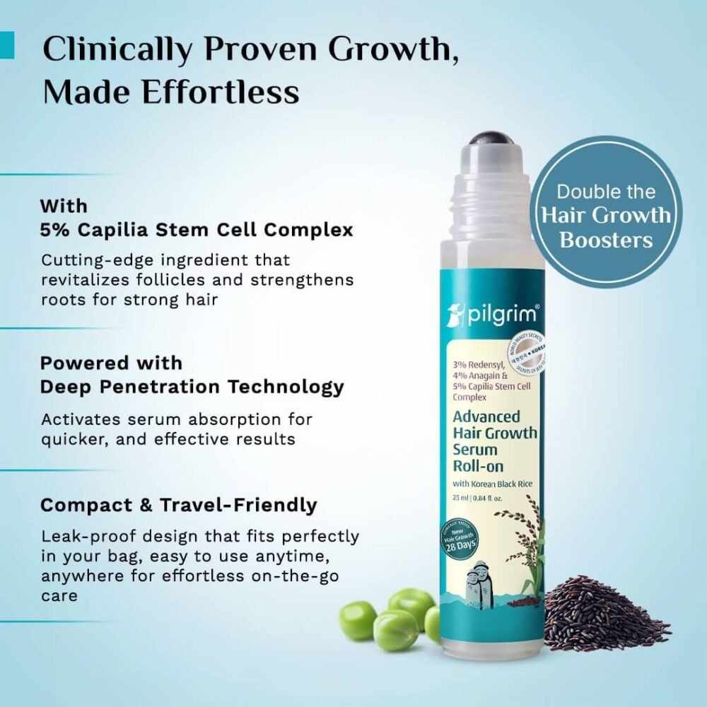 Pilgrim Advanced Hair Growth Serum Roll-On with 3% Redensyl, 4% Anagain, 5% Capilia Stem Cell Complex & Korean Black Rice - 25ml