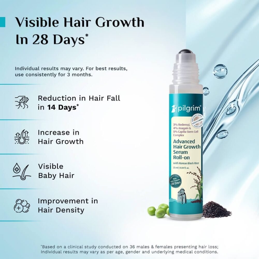 Pilgrim Advanced Hair Growth Serum Roll-On with 3% Redensyl, 4% Anagain, 5% Capilia Stem Cell Complex & Korean Black Rice - 25ml