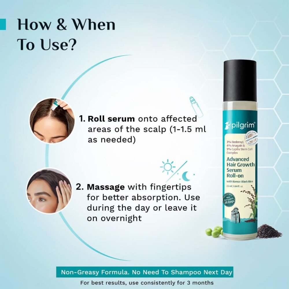 Pilgrim Advanced Hair Growth Serum Roll-On with 3% Redensyl, 4% Anagain, 5% Capilia Stem Cell Complex & Korean Black Rice - 25ml