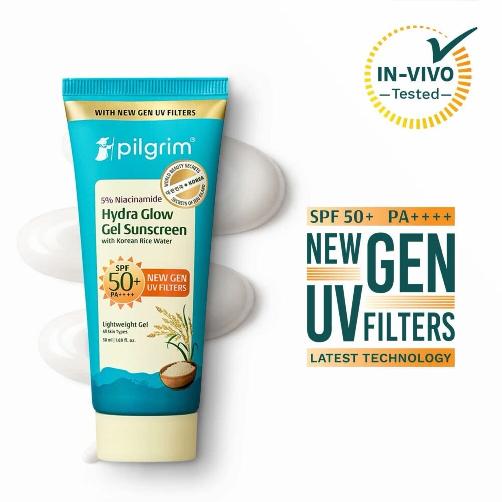Pilgrim Hydra Glow Gel Sunscreen SPF 50 PA++++ with 5% Niacinamide & Korean Rice Water - 50ml