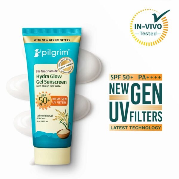 Pilgrim Hydra Glow Gel Sunscreen SPF 50 PA++++ with 5% Niacinamide & Korean Rice Water - 50ml