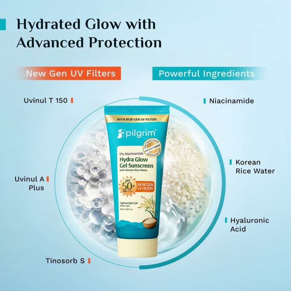 Pilgrim Hydra Glow Gel Sunscreen SPF 50 PA++++ with 5% Niacinamide & Korean Rice Water - 50ml