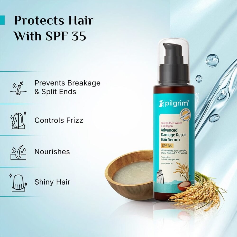 Pilgrim Korean Rice Water & Collagen Advanced Damage Repair Hair Serum with 17 Amino Acids, Wheat Protein & 5 Ceramides - 100ml