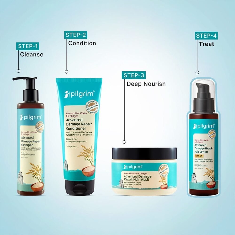 Pilgrim Korean Rice Water & Collagen Advanced Damage Repair Hair Serum with 17 Amino Acids, Wheat Protein & 5 Ceramides - 100ml