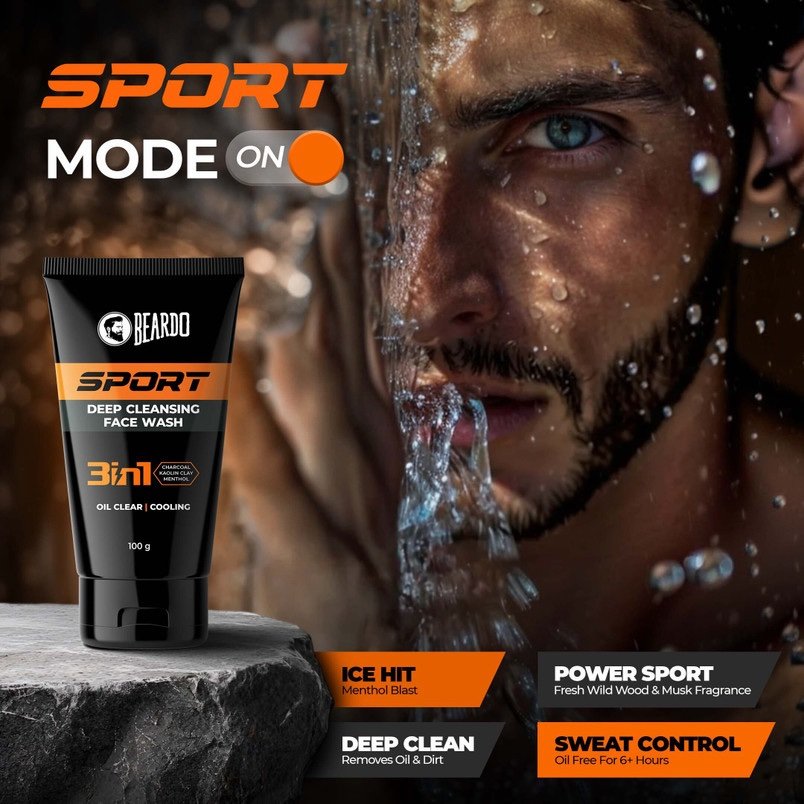 Beardo Sport Deep Cleansing Face Wash Oil Clear Cooling Menthol - 100g