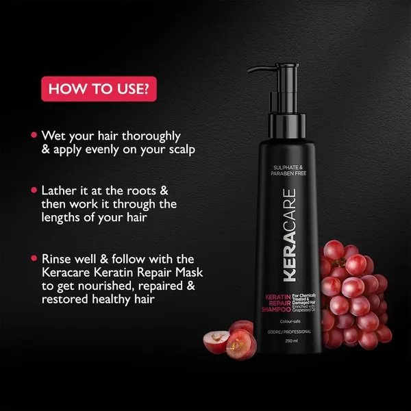 Godrej Professional Keracare Keratin Repair Shampoo with Grapeseed Oil, Sulphate & Paraben Free, Colour Safe - 250ml
