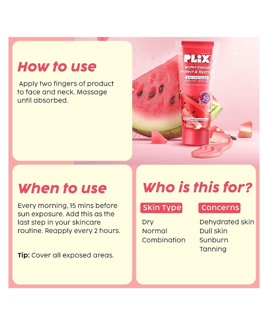 Plix Watermelon Protect & Hydrate 2-in-1 Moisturizer + Sunscreen | UVA & UVB protection |