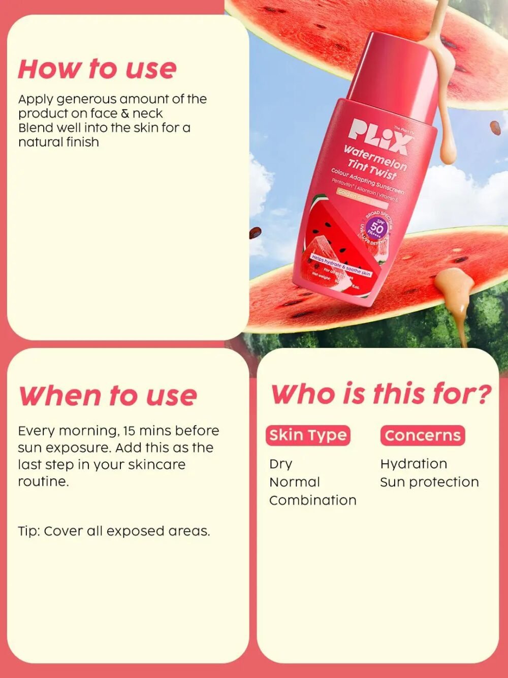 Plix Watermelon Tint Twist Colour Adapting Sunscreen SPF 50